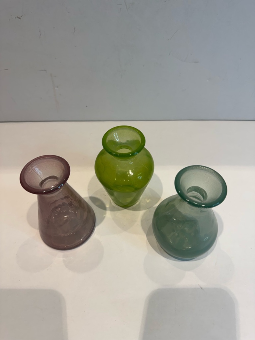 Set of 3 Colorful Hand-Blown Glass Bud Vases - Green, Blue, Purple - Picture 3 of 4